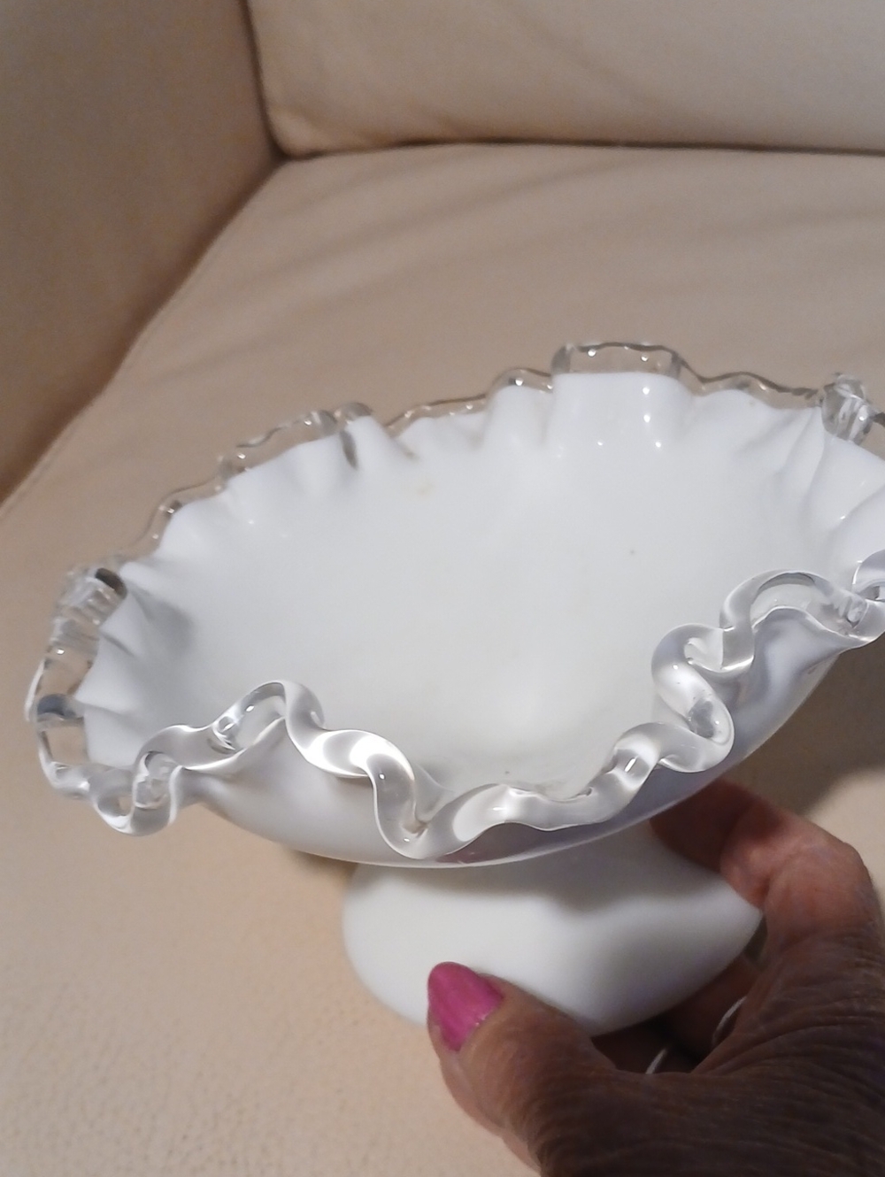 White Ruffled Milk Glass Compote with Clear Rim